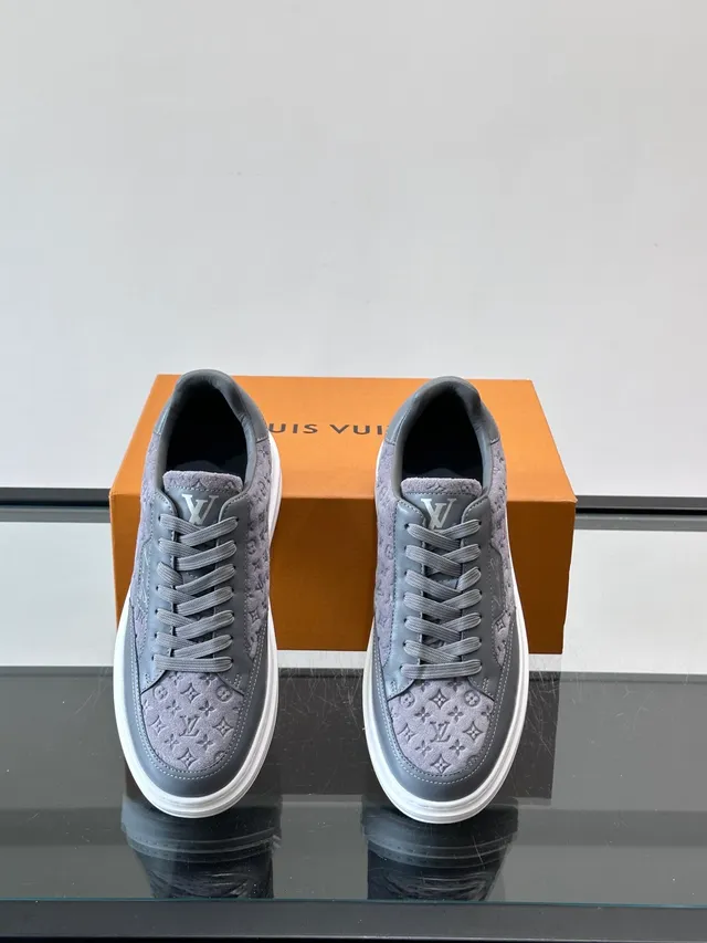 Louis Vuitton Gray White Monogrammed Canvas Upper Contrasting Dark Leather Overlays Lifestyle Sneakers