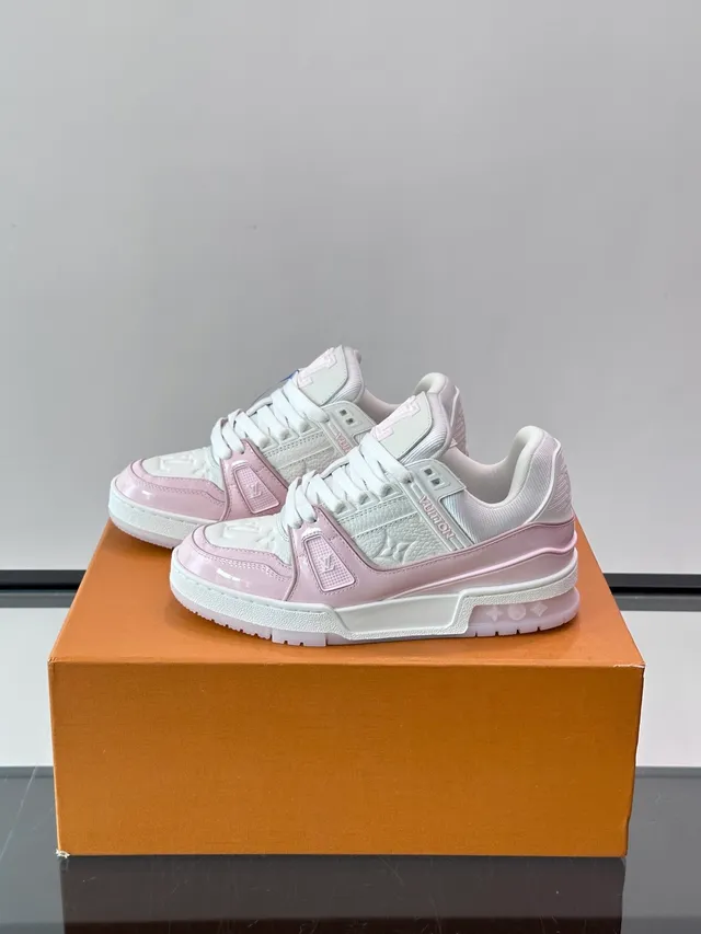 Louis Vuitton LV Trainer Pink White Layered Monogram Leather Asymmetrical Branded Strap Lifestyle Sneakers