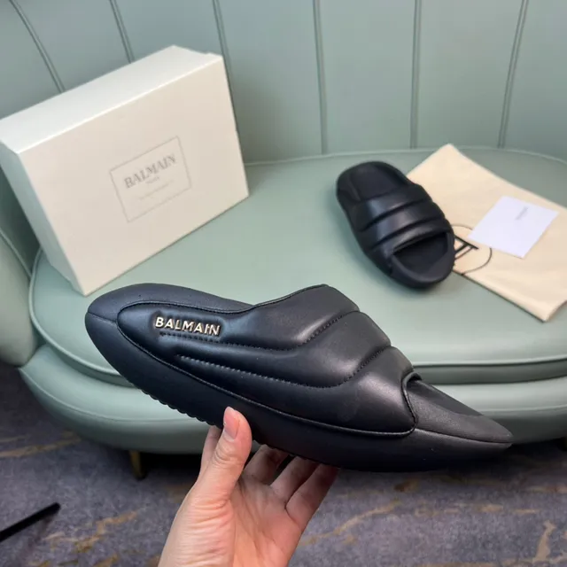 Balmain B-Court Black Gold Padded Strap Molded Sole Slippers