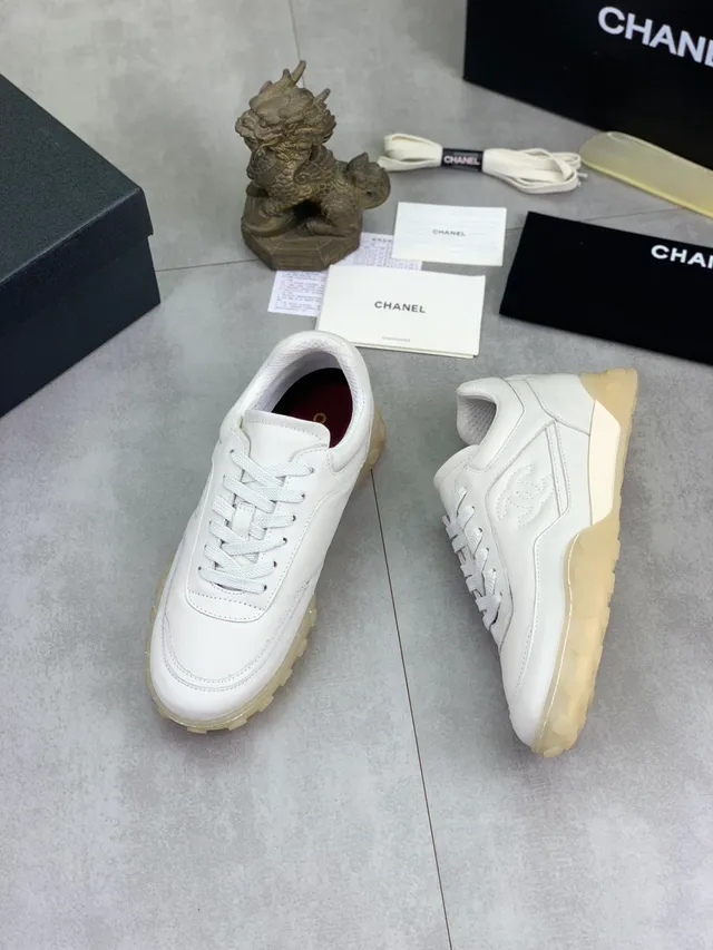 Chanel White Beige Leather Upper Embossed Interlocking CC Logo Lifestyle Sneakers