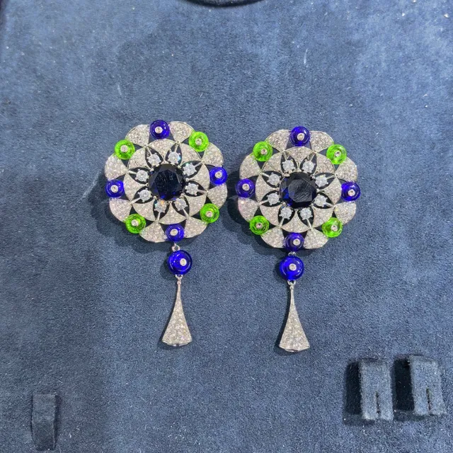 Floral Geometric Pavé Cabochon Dangling Earrings