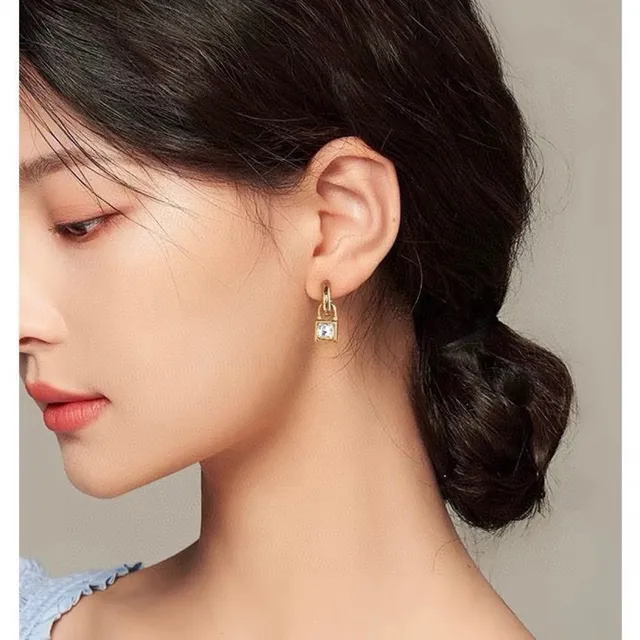 Celine Gold-Tone Lock-Shaped Square Crystal Earrings