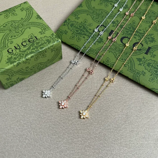 Gucci Gold Transparent Rose Chain Interlocking G Charms Necklace