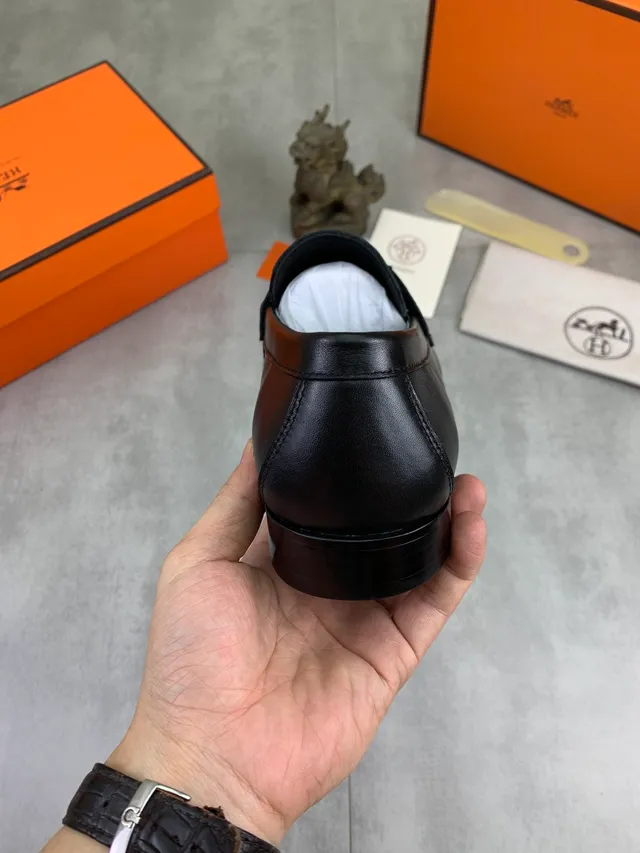Hermès Oran Black Leather Buckle Strap Loafers