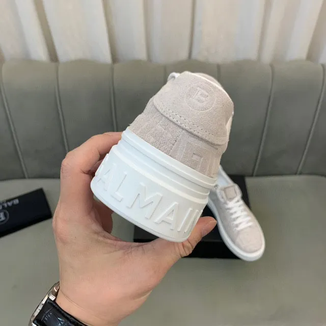 Balmain Beige White Monogrammed Upper Low-Top Lifestyle Sneakers