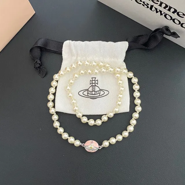 Vivienne Westwood Orb Pearl Necklace Beige Gold Strand Enamel Charm Necklace