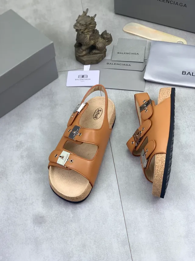 Balenciaga Triple Buckle Tan Leather Casual Sandals