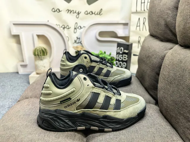 Adidas Army Green Black Layered Midsole Padded Collar Chunky Sneakers