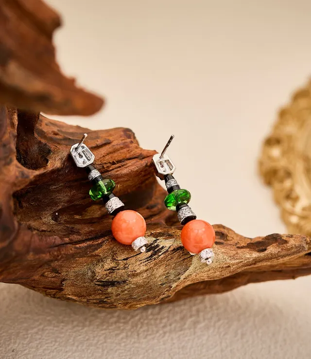 Orange Green Beaded Drop Multi-Stone Earrings