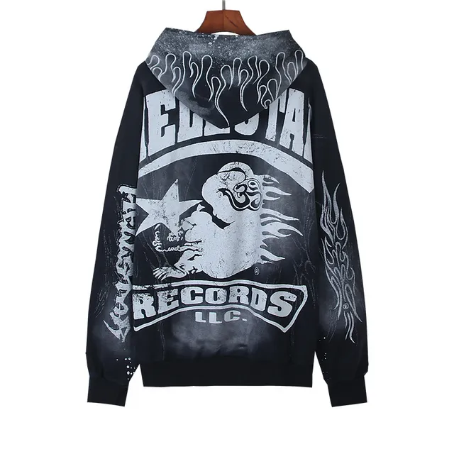 Hellstar Records LLC Graphic Print Distressed Flame Motif Hoodie