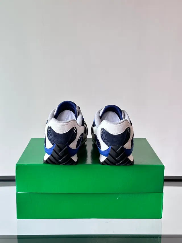 Bottega Veneta Andiamo Navy White Mesh-Suede Hybrid Upper Layered Synthetic Overlays Lifestyle Sneakers