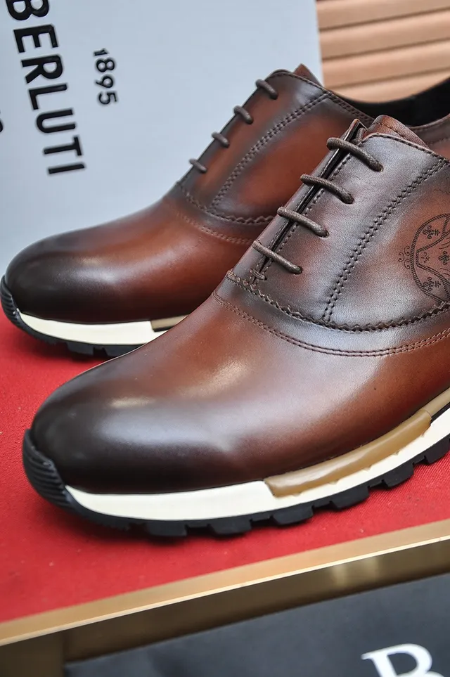 Berluti Brown White Polished Leather Embossed Crest Logo Derby Shoes