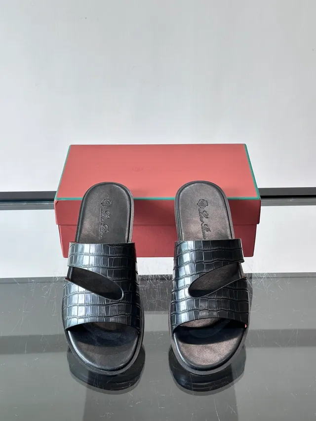 Loro Piana Croc-Embossed Two-Strap Slide Casual Sandals