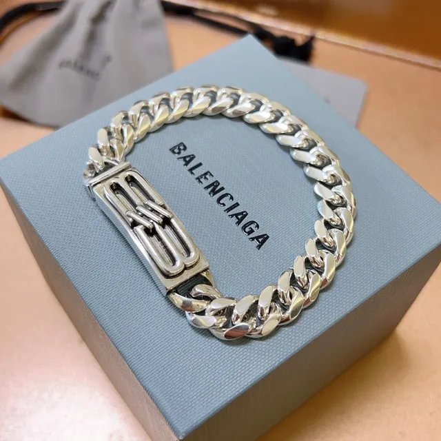 Balenciaga Silver Blue Chunky Curb-Link Chain Rectangular B-Buckle Clasp Bracelet