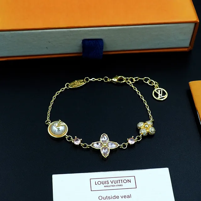 Louis Vuitton Gold-Tone Pearl and Pink Crystal Floral Charm Bracelet
