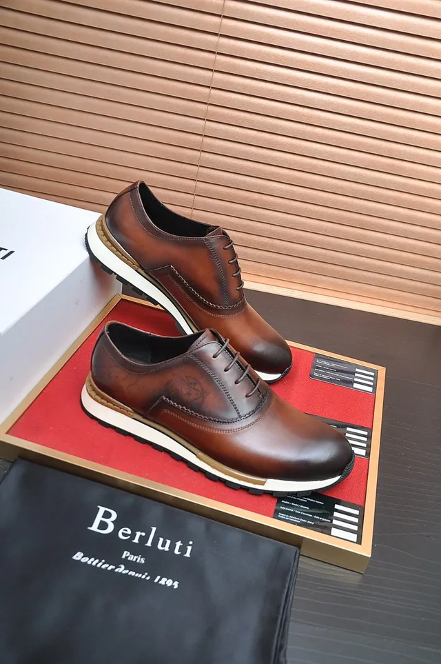 Berluti Brown White Polished Leather Embossed Crest Logo Derby Shoes