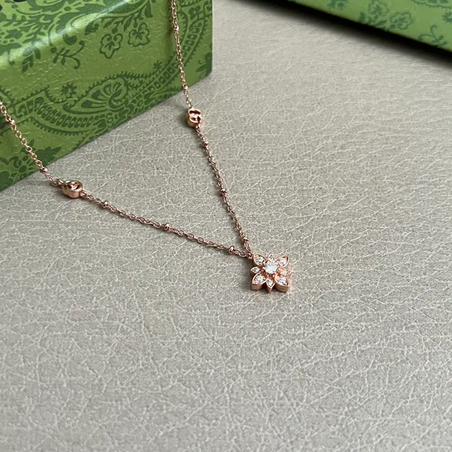 Gucci Gold Transparent Rose Chain Interlocking G Charms Necklace