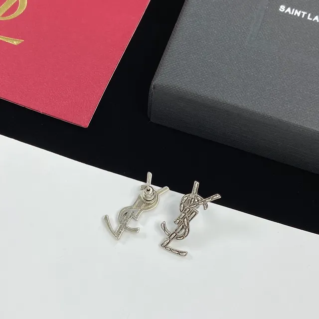 Saint Laurent Monogram Gold Silver Logo Stud Earrings
