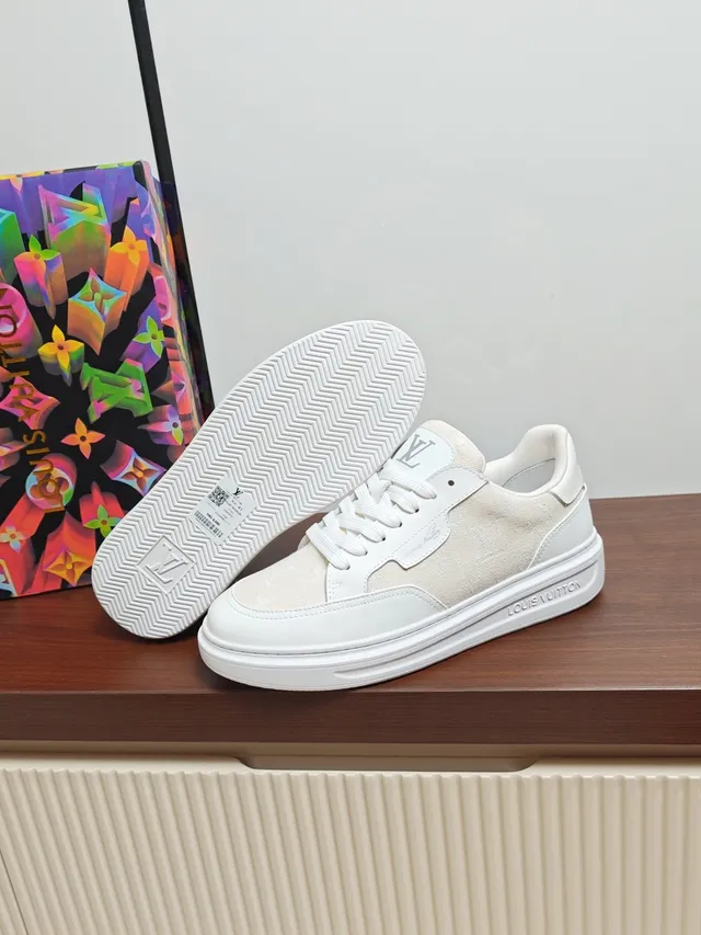 Louis Vuitton White Beige Low-Top Textile-and-Leather Upper Lifestyle Sneakers