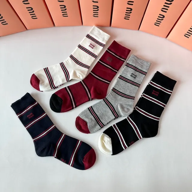 Miu Miu Striped Logo-Cuff Crew Socks