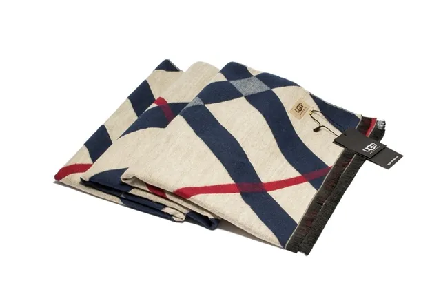 UGG Beige Navy Plaid Pattern Woven Texture Shawl