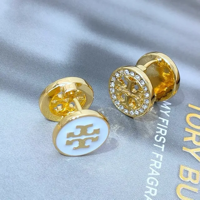 Tory Burch Mini Logo Stud Red Gold Circular Enamel Face Earrings