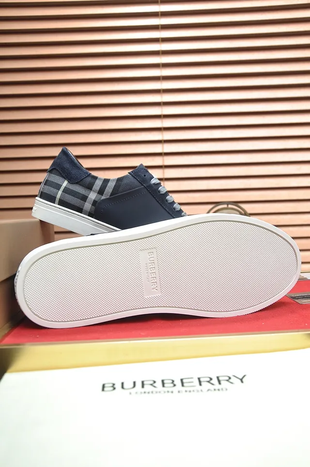Burberry Navy White Suede And Leather Check Panel Lifestyle Sneakers