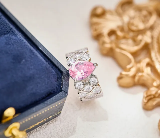 Pear-Cut Pink Gemstone and Diamond Lattice Ring