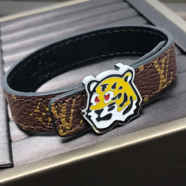 Louis Vuitton Brown Yellow Monogram Leather Enamel Tiger Buckle Belt