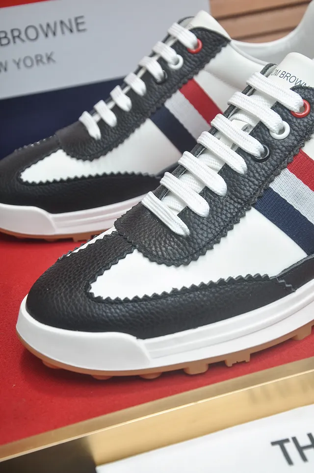 Thom Browne White Black Low-Top Leather-and-Synthetic Upper Lifestyle Sneakers