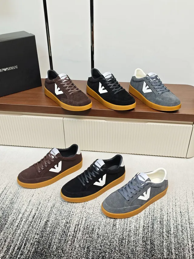 Emporio Armani Black White Suede Upper Gum Rubber Sole Sneakers