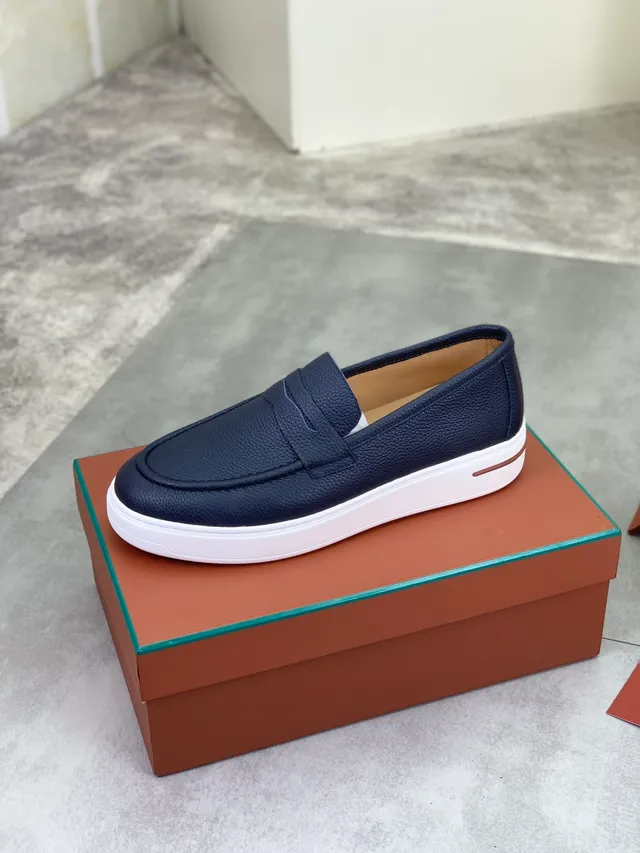 Navy Pebbled Leather Penny Strap Loafer