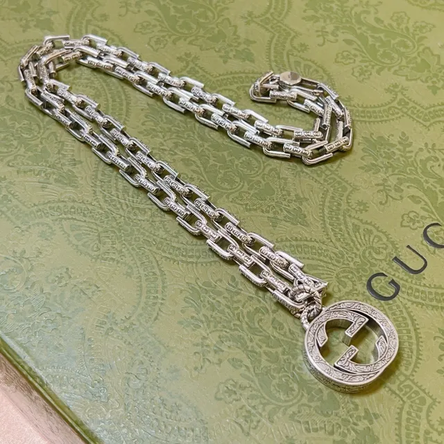 Gucci GG Marmont Silver Ornate Engraved Pendant Necklace