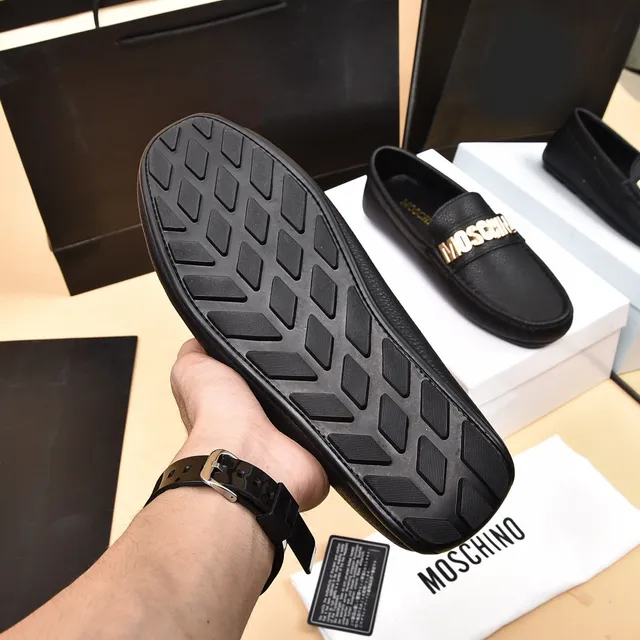 Moschino Logo-Bar Black Gold Pebbled Leather Hardware Loafer