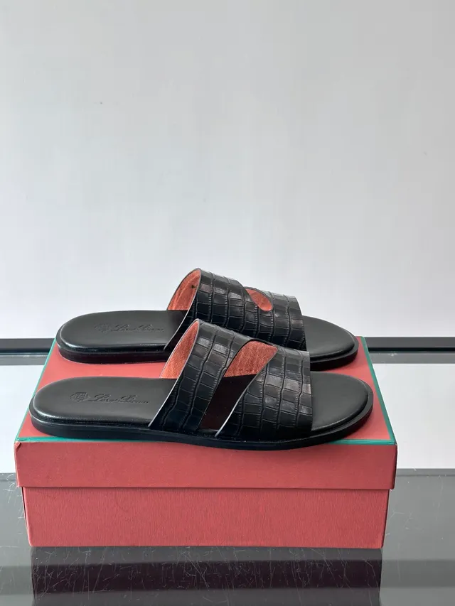 Loro Piana Croc-Embossed Two-Strap Slide Casual Sandals