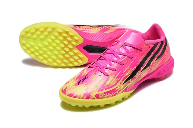 Adidas Pink Yellow Low-Profile Synthetic Upper Asymmetrical Lacing Artificial-Grass Soccer Shoes