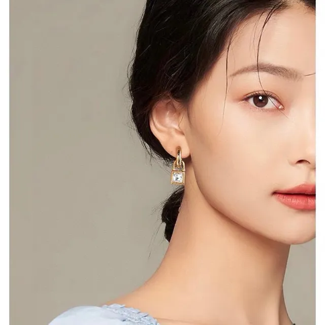 Celine Gold-Tone Lock-Shaped Square Crystal Earrings