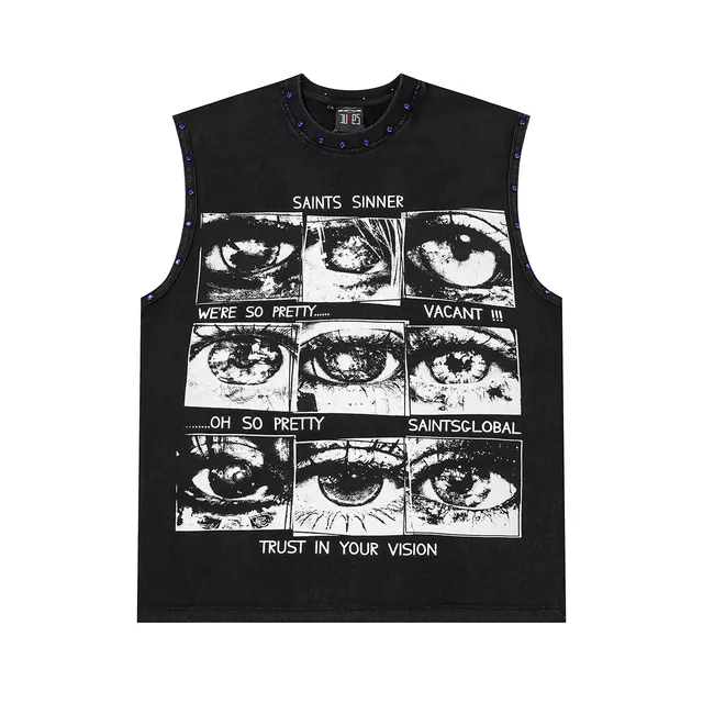 Saints Sinner Graphic-Print Rhinestone-Trimmed Black Denim Vest Top