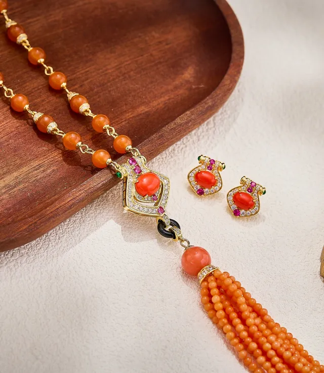 Gold-Tone Coral Cabochon Pave Diamond Halo Earrings
