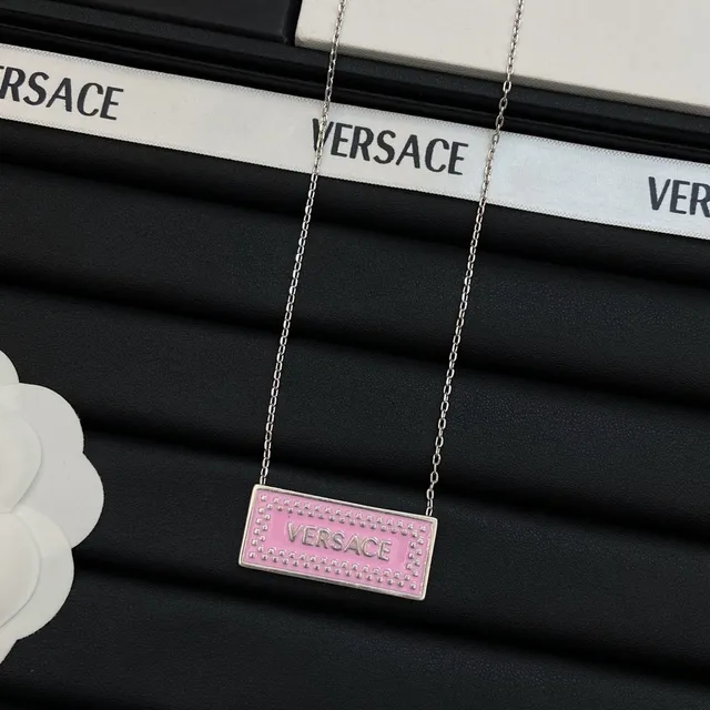 Versace Plaque Necklace Blue Pink Rectangular Enamel Studded Border Necklace