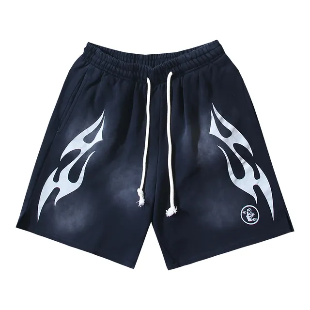 Black Gradient Flame Graphic Drawstring Waist Shorts