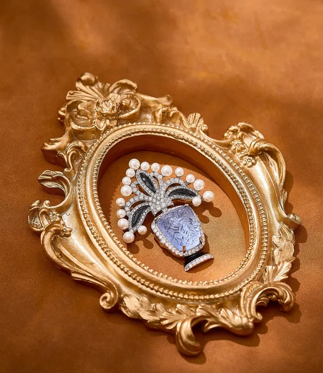 Purple White Carved Lavender Stone Pearl Halo Brooch