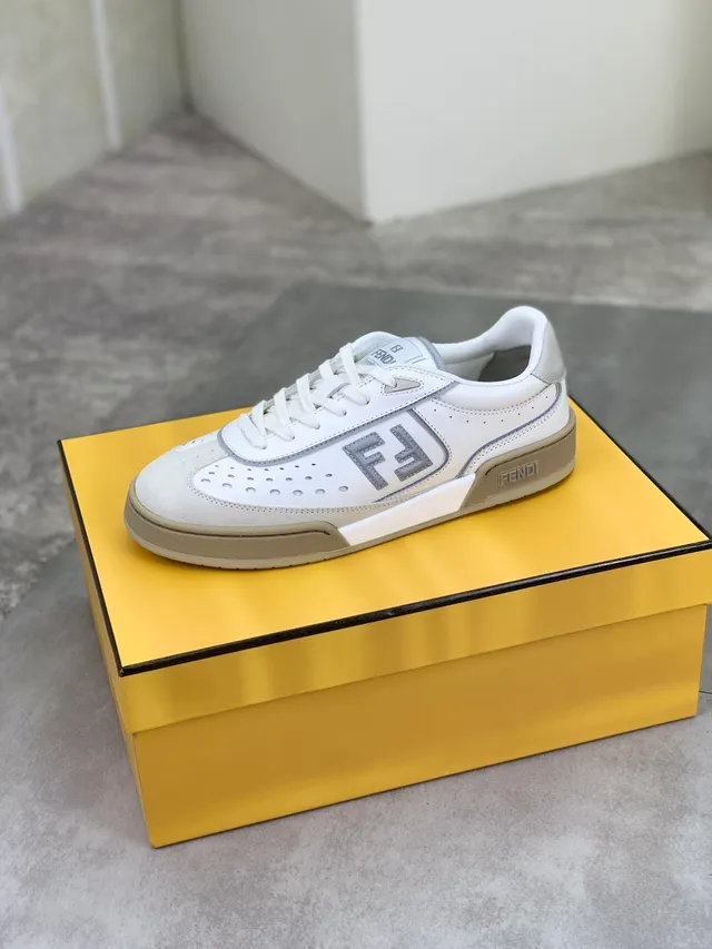 Fendi FF Sneaker White Beige Perforated Leather Lifestyle Sneaker