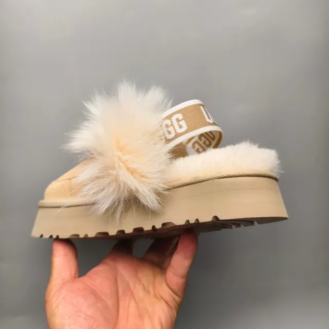 UGG Tasman Beige White Platform Sole Pom-Pom Fur Trim Casual Shoes