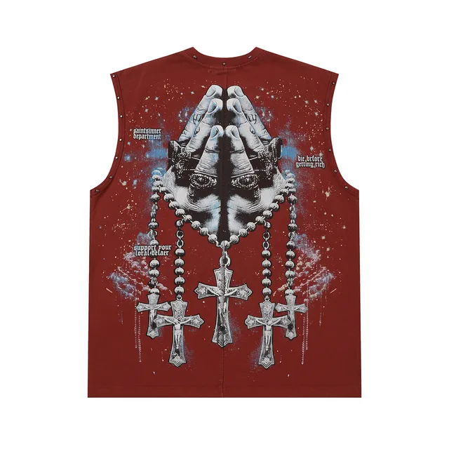 SAINT-SINNER Burgundy Black Graphic-Print Studded Shoulders Vest Top