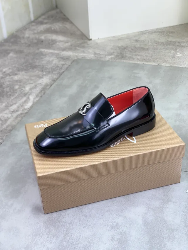 Christian Louboutin Loafer Black Red Patent Leather Metallic Logo Buckle Loafer