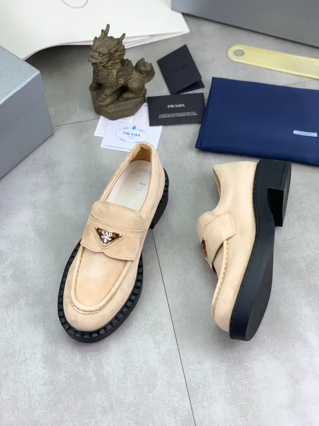 Prada Beige Black Suede Upper Triangle Logo Strap Loafer