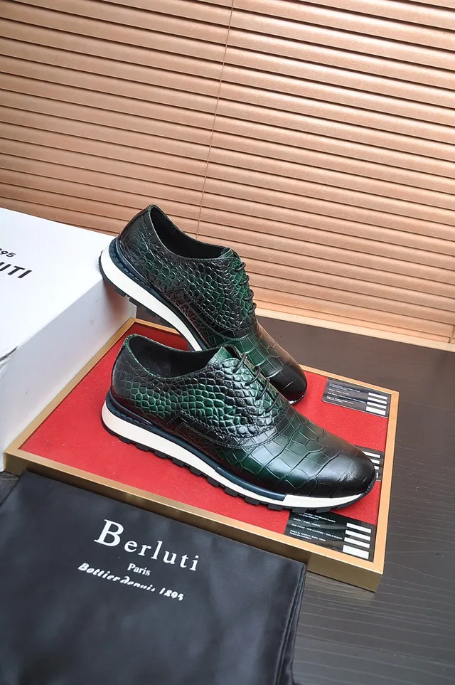 Berluti Green Crocodile-Embossed Cap-Toe Derby Shoes
