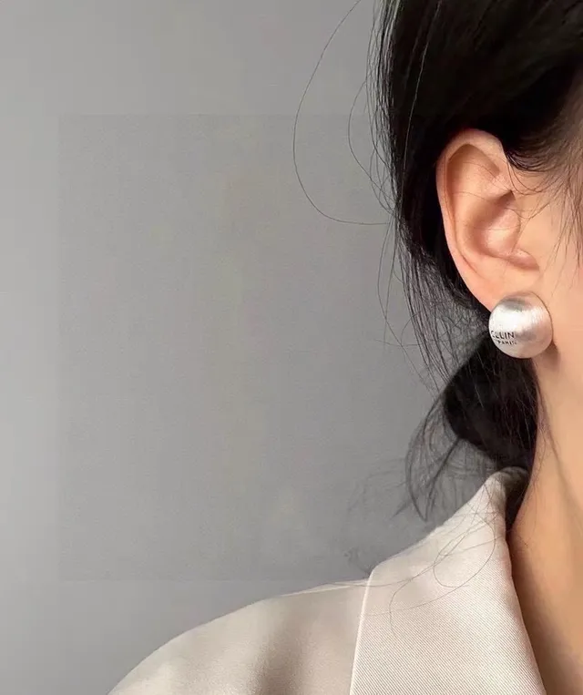 Celine Silver Gold Spherical Engraved Logo Earrings
