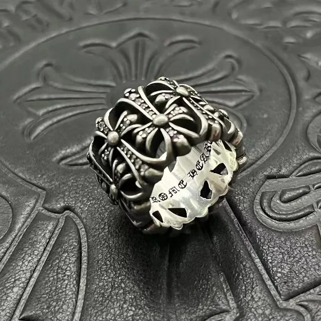 Chrome Hearts Floral Cross Pavé Oxidized Silver Ring
